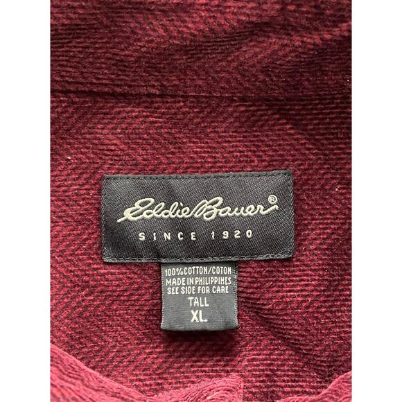 Eddie Bauer Corduroy Flannel Shirt Men's XL Tall Red Herringbone - Picture 9 of 13
